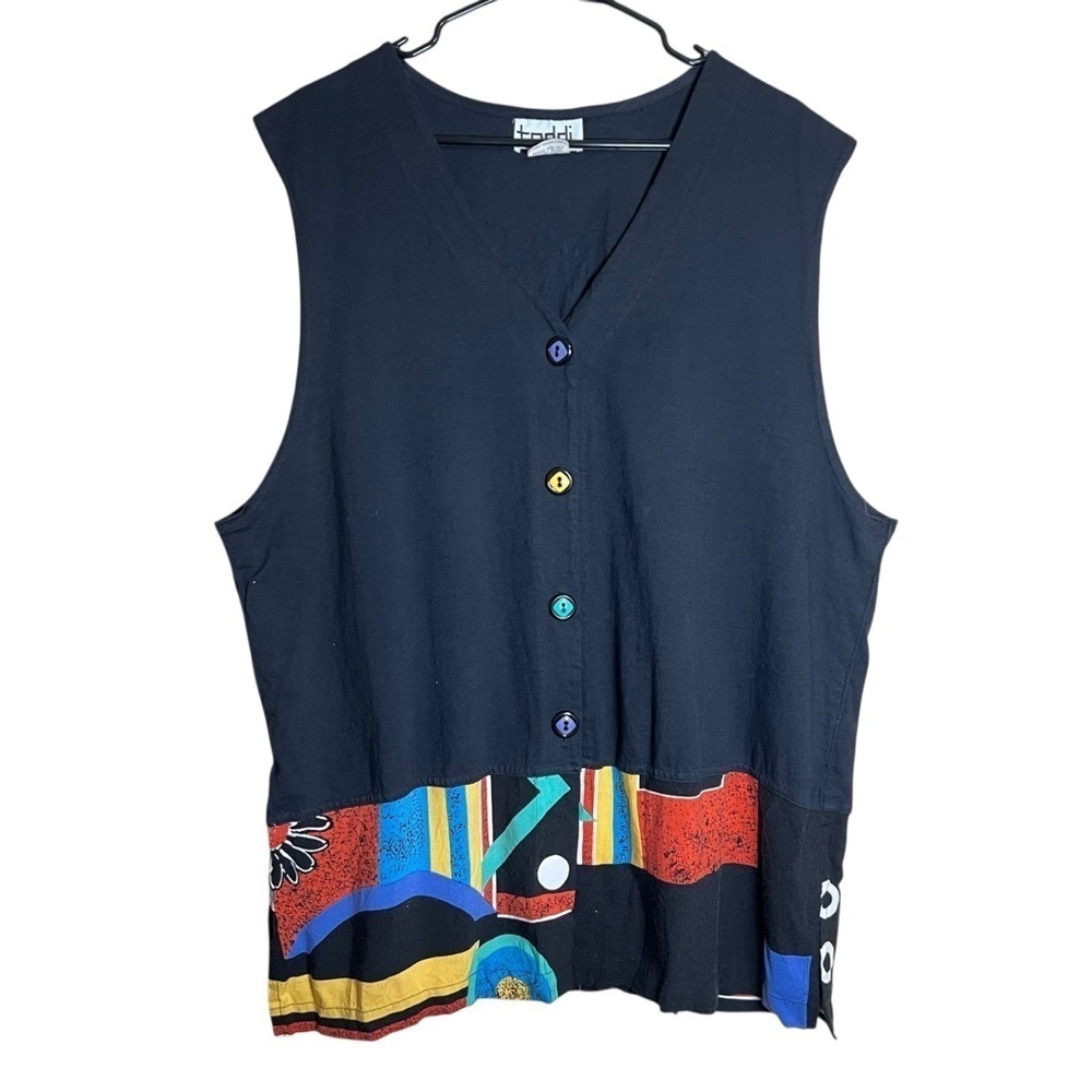VTG 90s Teddi Black Patchwork Funky Retro Vest Button-Up Boho Long Tunic Sz XL